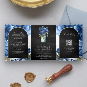Invitación Tríptica Royal Blue Floral Mason Jar Código QR Boda negro