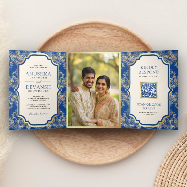 Invitación Tríptica Royal Blue Gold Lace QR Código foto Boda indio (Subido por el creador)