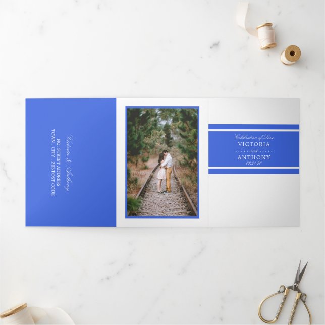 Invitación Tríptica Royal Blue Modern Boda Suite (Exterior)