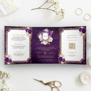 Invitación Tríptica Royal Púrpura Dorado Floral Todo en Uno Cresta Bod