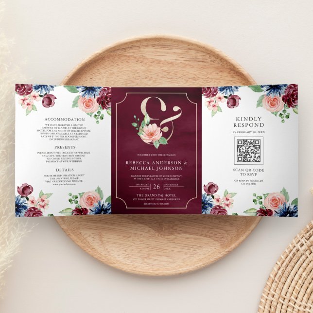 Invitación Tríptica Rubor Burgundy Naval Floral Marsala Código QR Boda (Subido por el creador)