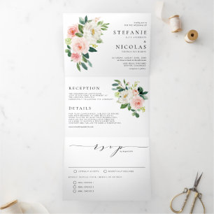Invitación Tríptica Rubor color agua y Flores blancas Boda de primaver