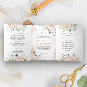 Invitación Tríptica Rubor Dorado Rústico Floral Rosa Todo en Uno Boda