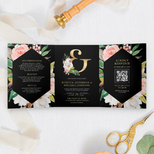 Invitación Tríptica Rubor Pink Floral Ampersand Black QR Code Boda