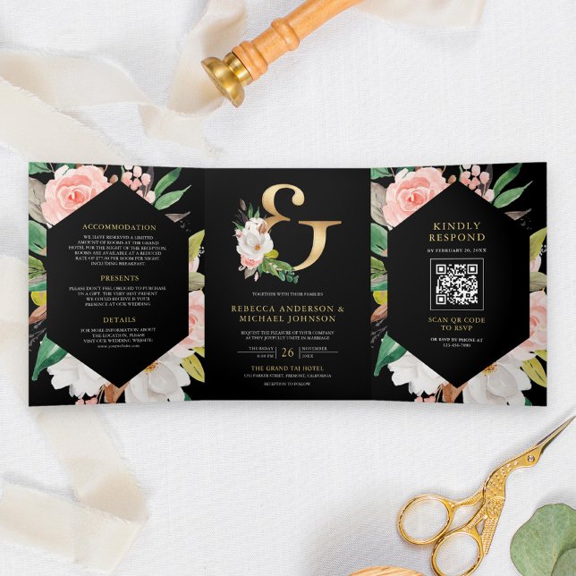 Invitación Tríptica Rubor Pink Floral Ampersand Black QR Code Boda (Subido por el creador)