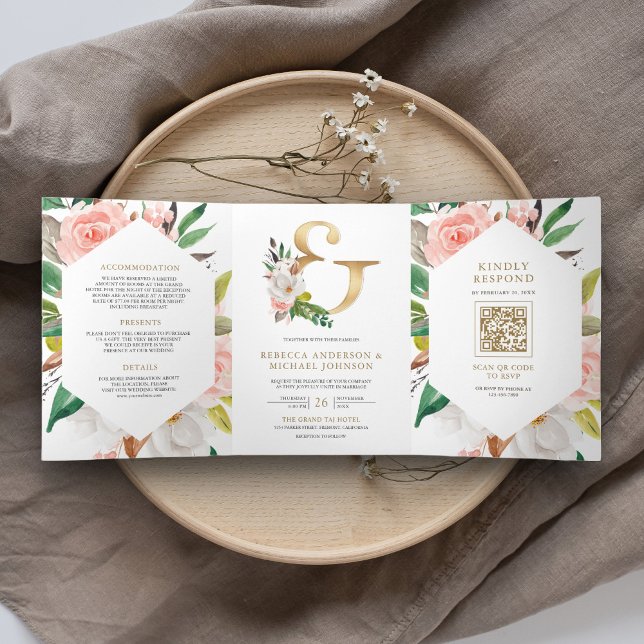 Invitación Tríptica Rubor Pink Floral Gold Ampersand QR Code Boda (Subido por el creador)