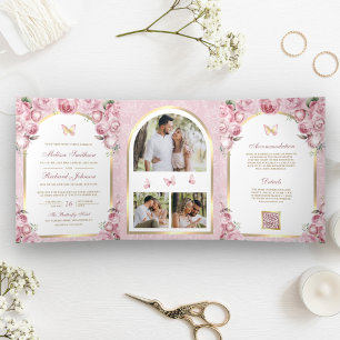 Invitación Tríptica Rubor Rosa Floral Arco Dorado Mariposa Boda