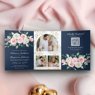 Invitación Tríptica Rubor Rosa Floral Azul Marino Código QR Boda