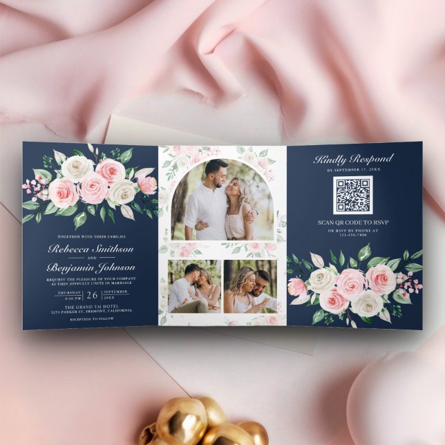 Invitación Tríptica Rubor Rosa Floral Azul Marino Código QR Boda (Subido por el creador)