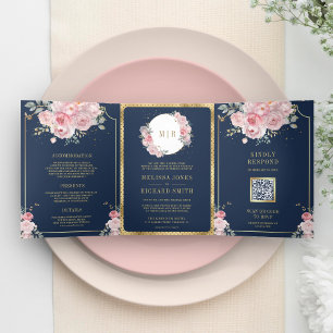 Invitación Tríptica Rubor Rosa Floral Azul Marino Todo en Uno Boda