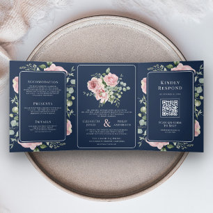 Invitación Tríptica Rubor Rosa Floral Eucalipto Azul Marino Boda