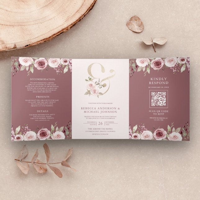 Invitación Tríptica Rubor Rosa Polvoriento Floral Ampersand Código QR  (Subido por el creador)