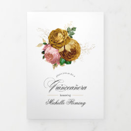 Invitación Tríptica Rubor vintage y Gold Floral Quinceañera Foto