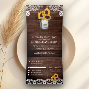 Invitación Tríptica Rusn Barn Wood Sunflowers Mason Jar Lace Boda