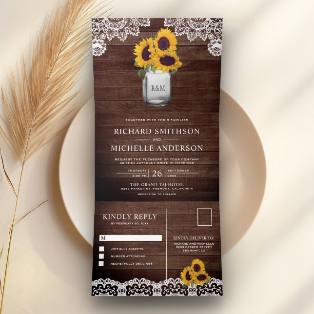Invitación Tríptica Rusn Barn Wood Sunflowers Mason Jar Lace Boda (Subido por el creador)