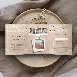 Invitación Tríptica Rustic Burlap Lace String Lights Photo Boda
