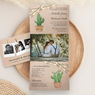 Invitación Tríptica Rustic Burlap String ilumina el Boda de Cactus del