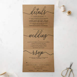 Invitación Tríptica Rustic Country Kraft Simple Script Boda Suite