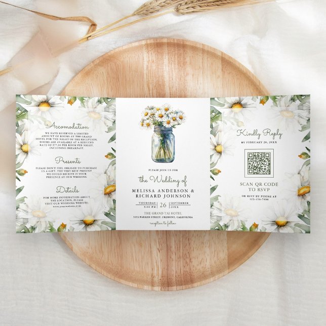 Invitación Tríptica Rustic Daisies Floral Mason Jar QR Code Wedding (Subido por el creador)