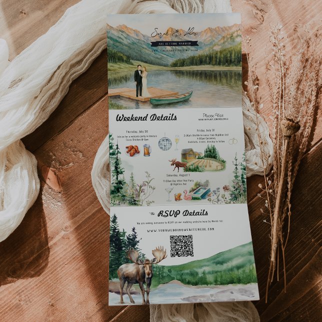 Invitación Tríptica Rustic Lakeside Mountain | Illustrated Wedding (Subido por el creador)