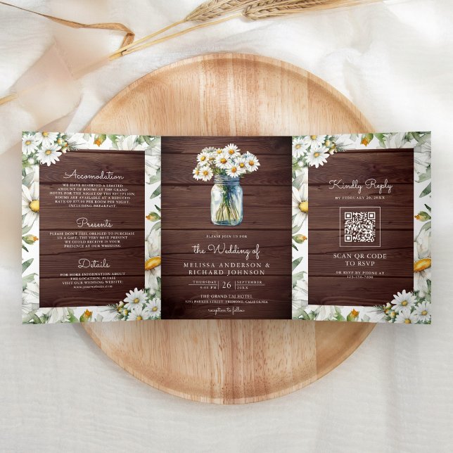 Invitación Tríptica Rustic Wood Daisies Mason Jar QR Code Wedding (Subido por el creador)