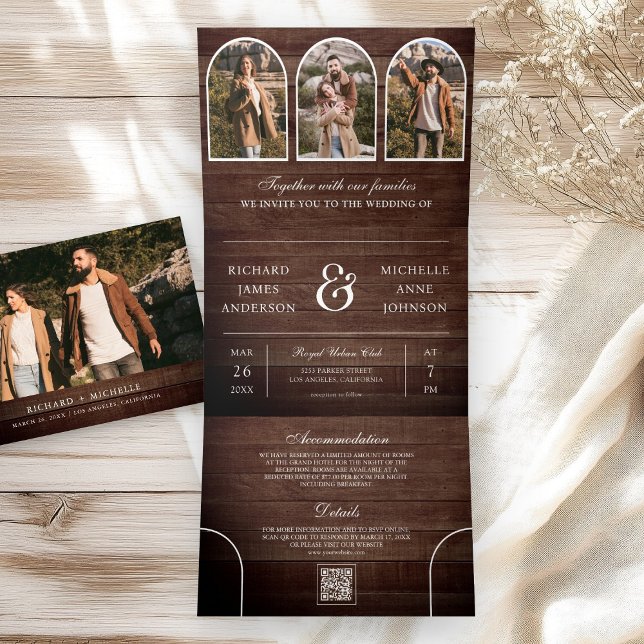 Invitación Tríptica Rustic Wood Minimal Arch Photo QR code Wedding (Subido por el creador)