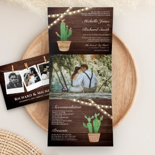 Invitación Tríptica Rustic Wood String Luces Desert Cactus Boda
