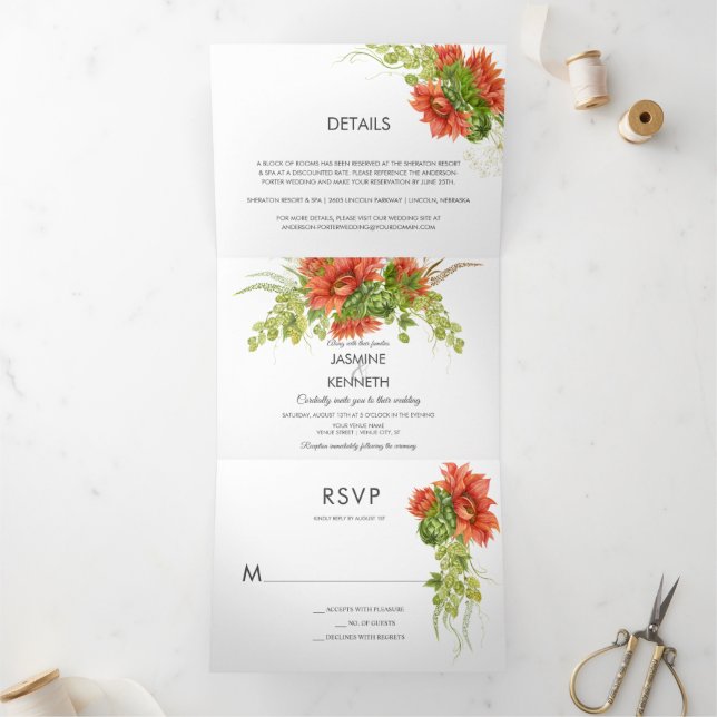 Invitación Tríptica Rústica acuarela rojo/Naranja girasol verde | (Interior)