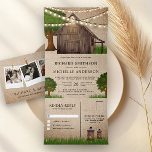 Invitación Tríptica Rústica Burlap Farm Wood Barn String Luces Boda