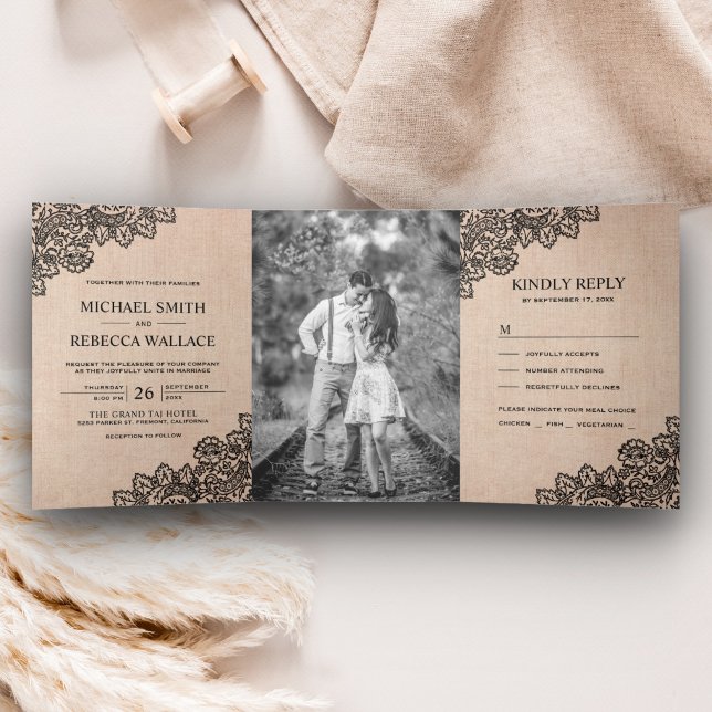 Invitación Tríptica Rústica Burlap y foto de Boda de encaje negro (Subido por el creador)