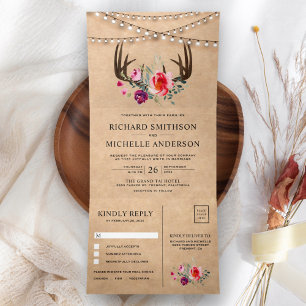 Invitación Tríptica Rústica cadena Kraft ilumina el Boda Floral Antler