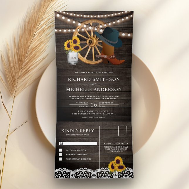 Invitación Tríptica Rústica madera de grano girasoles Boda occidental  (Subido por el creador)