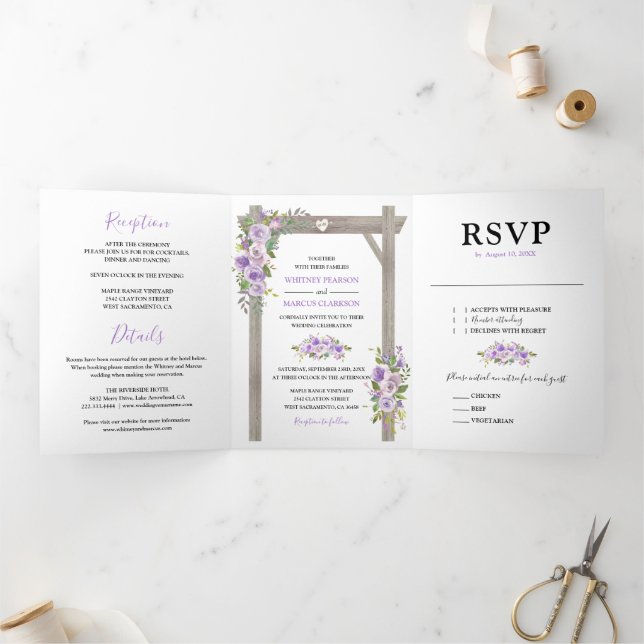 Invitación Tríptica Rústico 3 en 1 Boda morado de acuarela floral (Interior)