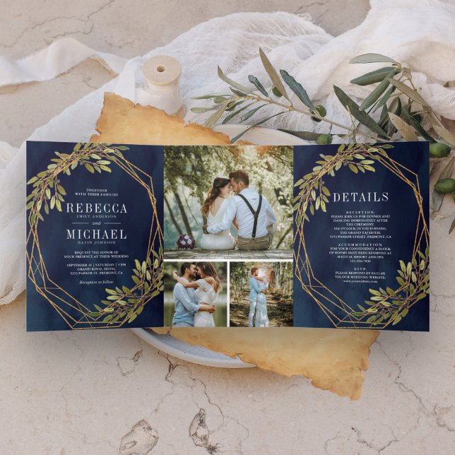 Invitación Tríptica Rústico Boda azul de la rama de olivo botánico (Subido por el creador)