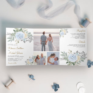 Invitación Tríptica Rústico Boda azul y floral de marfil
