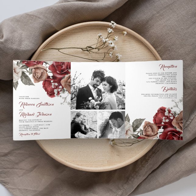 Invitación Tríptica Rústico Boda de Collage de fotos de Rosas Rojas Bo (Subido por el creador)