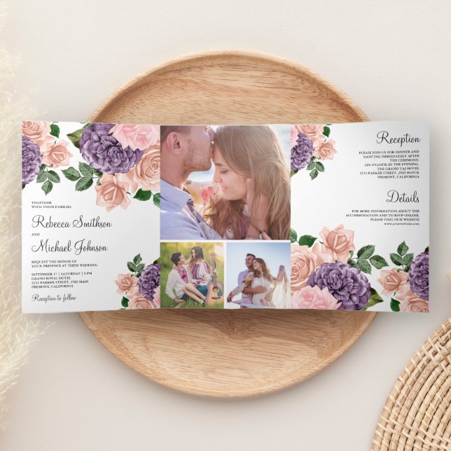 Invitación Tríptica Rústico Boda de Floral Peach Purple (Subido por el creador)