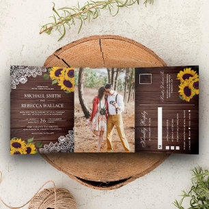 Invitación Tríptica Rústico Boda de girasol en madera de pino