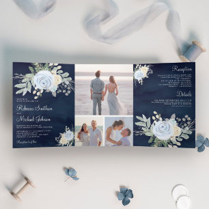 Invitación Tríptica Rústico Boda de la Marina Floral Azul y Marfil