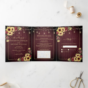 Invitación Tríptica Rústico Boda floral de girasol borgoña de madera