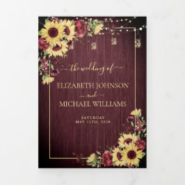 Invitación Tríptica Rústico Boda floral de girasol borgoña de madera
