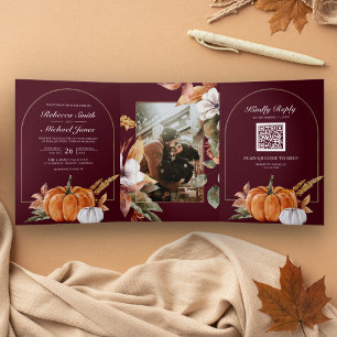 Invitación Tríptica Rústico Boho Calabaza Foto Código QR Boda de Borgo