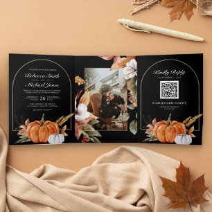 Invitación Tríptica Rústico Boho Calabaza Foto Código QR Boda negro