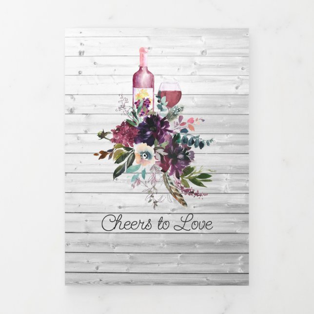 Invitación Tríptica Rústico burdeos: Degustación de vino con ducha de  (Foto de portada)