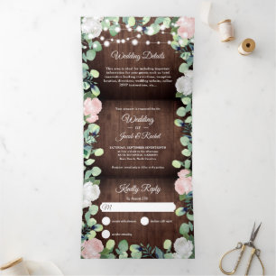 Invitación Tríptica Rústico floral Rubor rosa Roses Boda de la vegetac