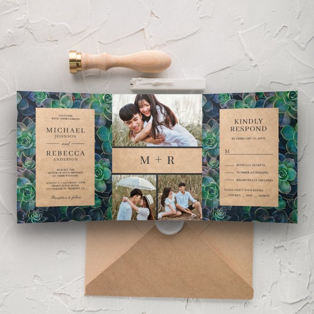 Invitación Tríptica Rústico Kraft Suculenta Boda de Collage de fotos (Subido por el creador)