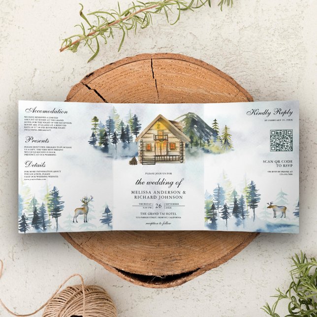Invitación Tríptica Rústico Lodge Mountain Forest Boda de código QR (Subido por el creador)