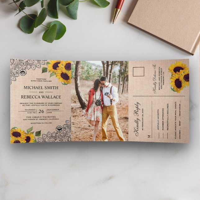Invitación Tríptica Rústico País Burlap Lace Boda del girasol Foto (Subido por el creador)