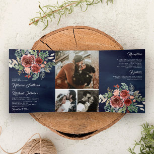 Invitación Tríptica Rústico País Marsala Boda Azul de la Marina Floral