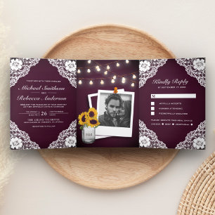 Invitación Tríptica Rústico Plum Purple Wood Lace String Luces Boda